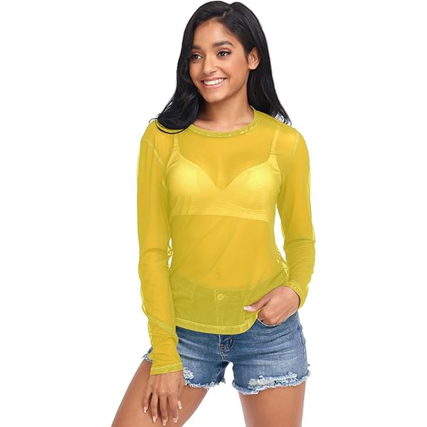 Chrome Yellow Sheer See Through Tops Women Mesh Shirt XL at